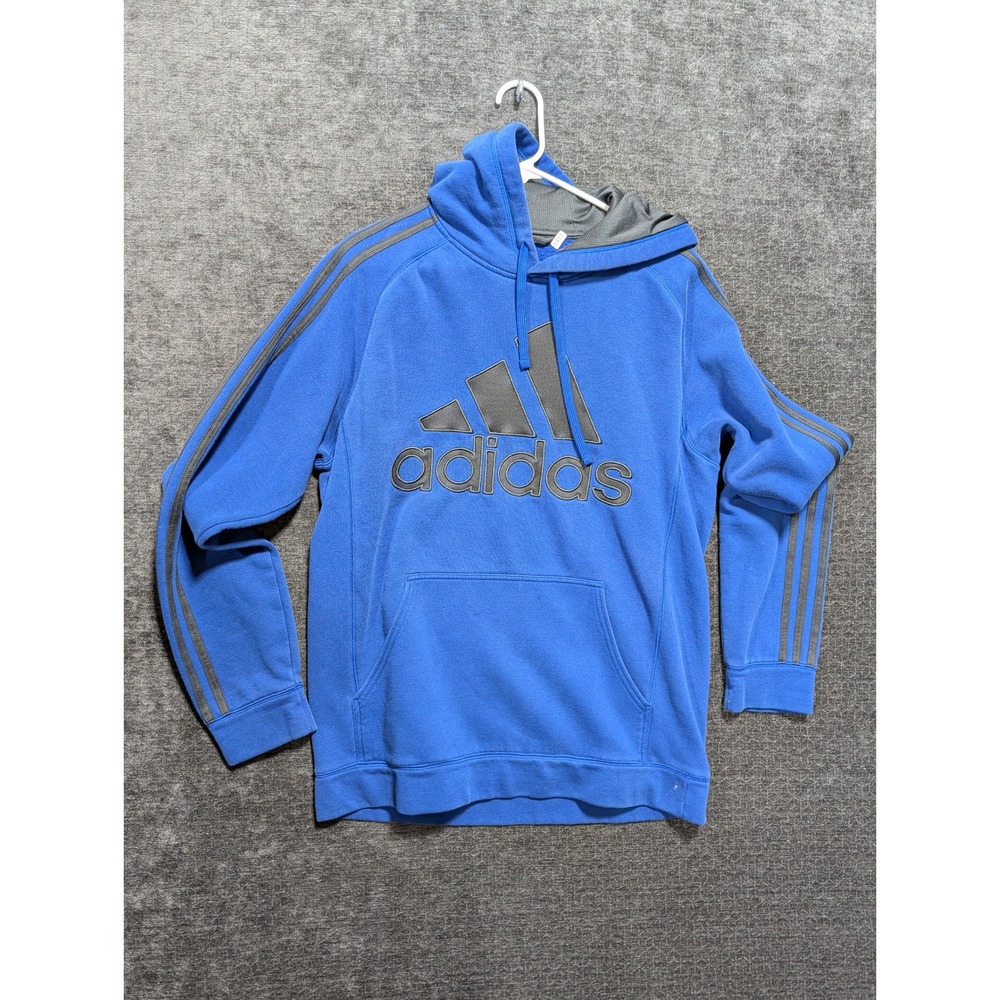 Adidas Mens Blue Fleece Hoodie Grey Logo 3Stripe Pullover Sweatshirt Size Medium